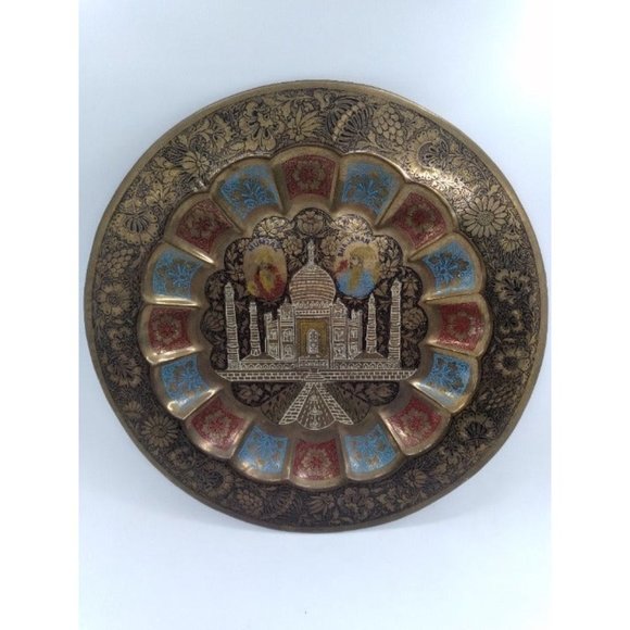 Vintage Shah Jahan & Mumtaz Taj Mahal India Brass decorative hanging 11.45" dish